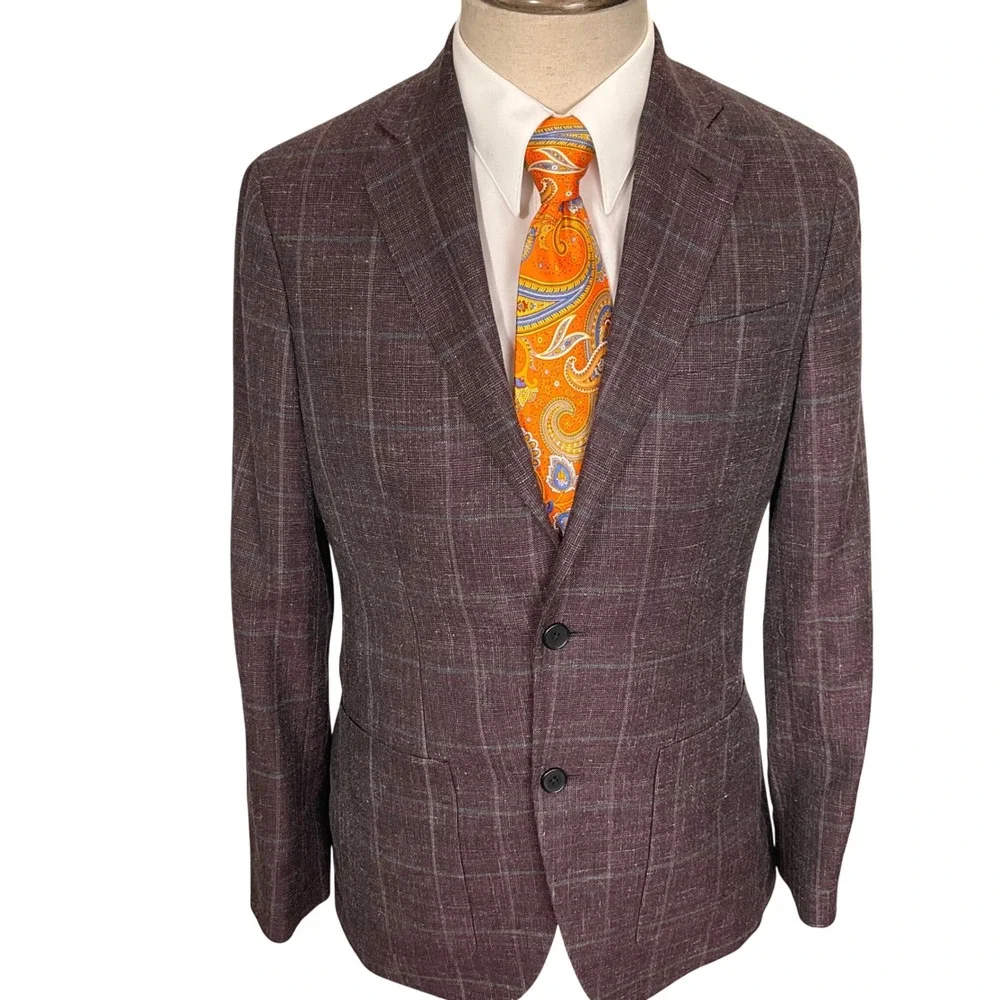 Nordstrom Blazer Mens 36R Plum Plaid Trim Fit Quiet Luxury Wool/Silk/Linen